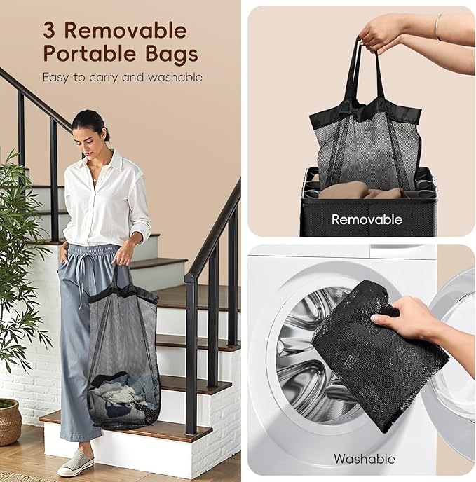 185L Laundry Hamper 3 Section, Laundry Hamper with Lid, Dirty Clothes Hamper with 3 Removable Washing Bags, Extra Large Laundry Basket Organizer for Bedroom, Laundry Room, Dorm - Gray