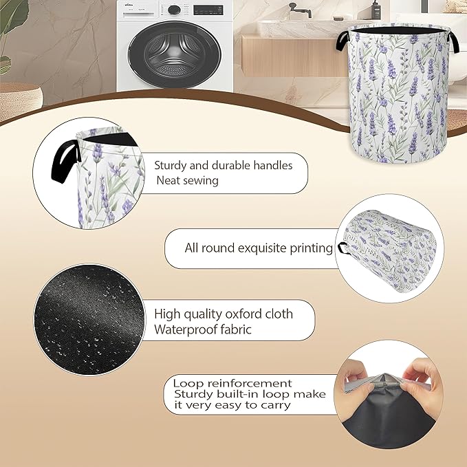 Collapsible Laundry Basket,Purple Lavender Flower Dirty Clothes Hamper,Rustic Spring Floral Hampers for Bedroom Waterproof Oxford Cloth Storage Organizer for Bathroom,Nursery,Dorm,16x20 Inch