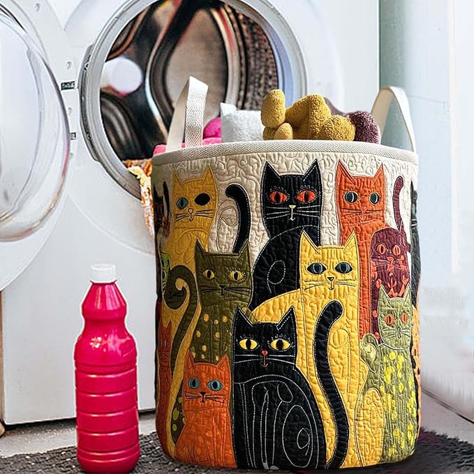 Cute Cat Quilted Laundry Basket with Handles, Boho Floral Fabric Quilted Laundry Basket, Large Soft Collapsible Storage Hamper for Nursery, Bedroom, Bathroom, Clothes & Toy Organization (#01)