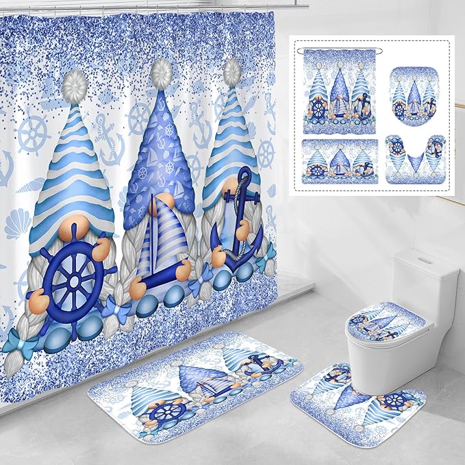 Litabel 4 Pcs Winter Gnomes Shower Curtain Set with Non-Slip Rugs, Toilet Lid Cover and Bath Mat, Nautical Marine Bathroom Decor Set with Shower Curtain and Rugs(Hooks Not Included)