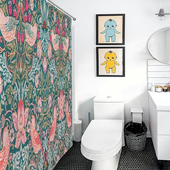 William Morris Shower Curtain,Original Design Vintage Flower Birds Strawberry Thief Pattern Print Shower Curtains Sets Polyester Waterproof Fabric Decor Bathroom Curtain 72"×84" Inch With 12 Hooks