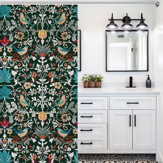 William Morris Shower Curtain,Original Design Vintage Flower Birds Strawberry Thief Pattern Print Shower Curtains Sets Polyester Waterproof Fabric Decor Bathroom Curtain 72"×78" Inch With 12 Hooks