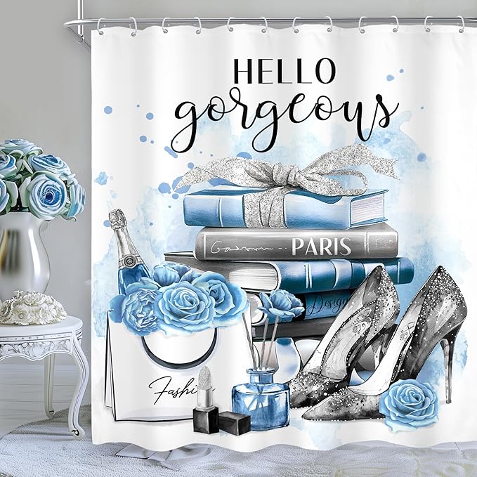 Cinbloo Girly Blue 72Wx72H Shower Curtain Silver Fashion Gray Teal Flower Perfume High Heels Bow Magazine Books Floral Elegant Bathroom Curtain Set Women Girls Bath Bathroom Accessories Decor