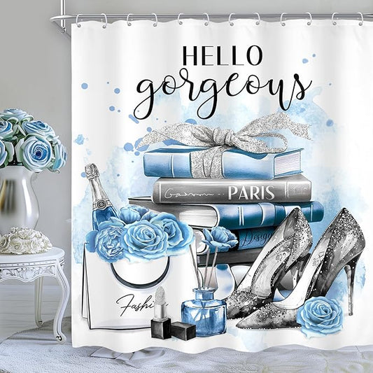 Cinbloo Girly Blue 72Wx72H Shower Curtain Silver Fashion Gray Teal Flower Perfume High Heels Bow Magazine Books Floral Elegant Bathroom Curtain Set Women Girls Bath Bathroom Accessories Decor