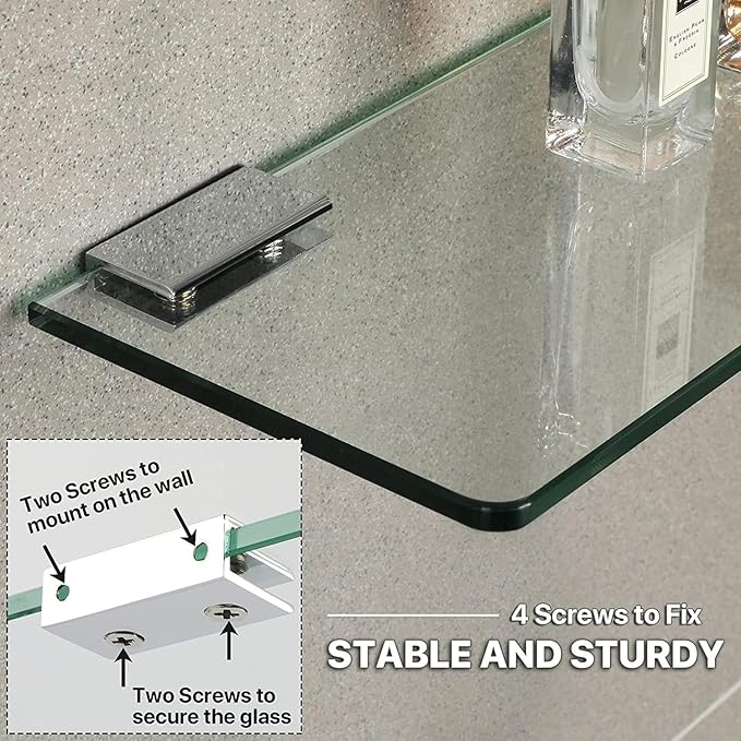 SAYAYO Glass Shelf for Bathroom 24 Inch, Thicken Tempered Floating Glass Shelves with Stainless Steel Brackets, 1 Pack, Clear