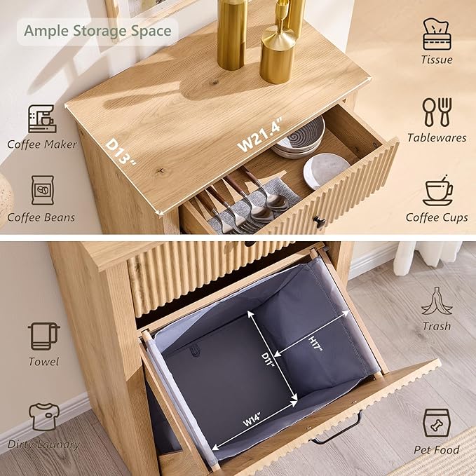 IFBUY Modern Tilt-Out Laundry Hamper Cabinet, 10 Gallon Fluted Trash Can Cabinet with Drawer, Wooden Hidden Garbage Can Cabinets with Laundry Basket, Free Standing for Bathroom & Kitchen, Natural Oak