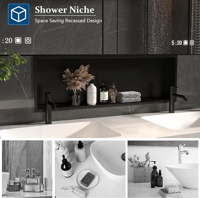 Neodrain Shower Niche, Insert Bathroom Storage Shower Shelf, Stainless Steel Recessed Wall Niche No Tiled Recessed Cabinet Waterproof for Shower Storage(Matte Black,36"x12")