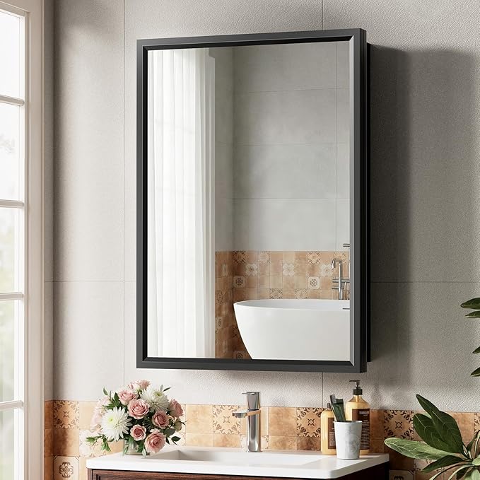 20“ x 28”Black Medicine Cabinets for Bathroom with Mirror, Aluminum Alloy Framed Mirror＆Tempered Glass Design, Recessed or Surface Wall-Mounted Metal Bathroom Vanity Mirror with Storage Cabinet