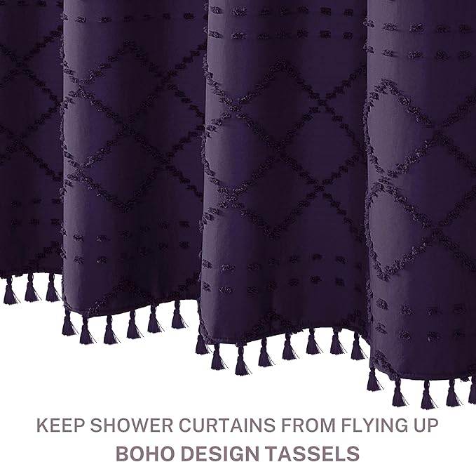 Boho Shower Curtain Dark Purple Woven Fabric Cute Shower Curtain, Tufted Chevron Textured Striped 72" x 72" Modern Farmhouse Minimalist Cloth Shower Curtains for Bathroom