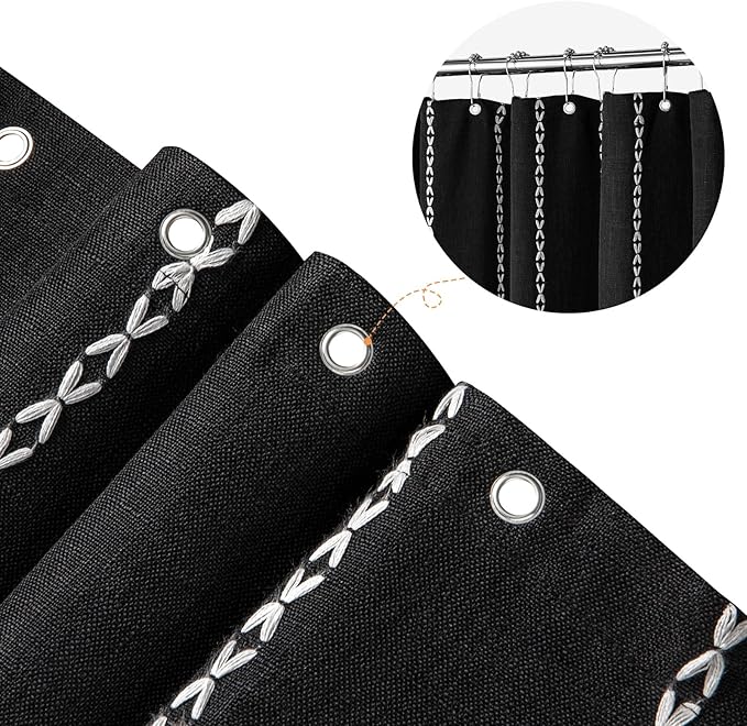 MitoVilla Boho Extra Long Shower Curtain 72 x 84, Black 84 inch XL Polyester Linen Tassel Fabric Shower Curtain Set with Hooks for Vintage Country Farmhouse Bathroom Decor, Thick & Wrinkle Resistant