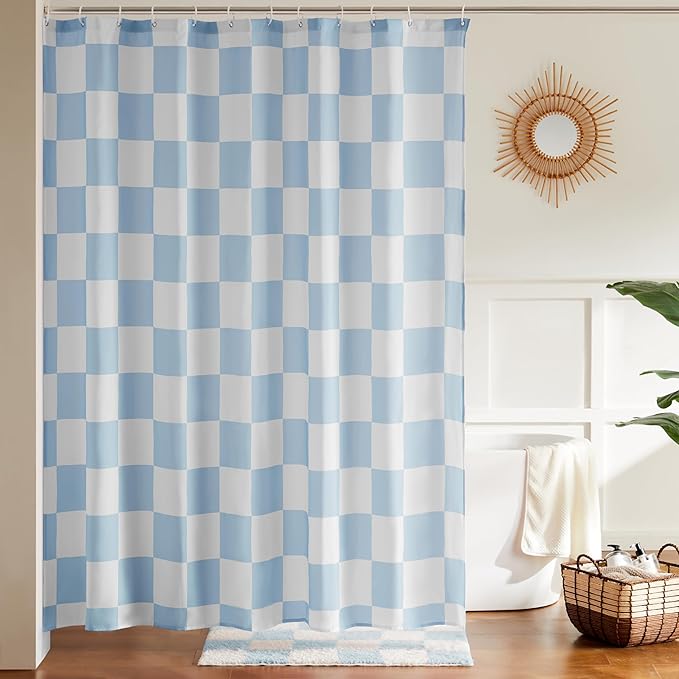 Checkered Shower Curtain, Light Blue Shower Curtains for Bathroom, Cute Retro Checkboard Shower Curtain Vintage Aesthetic, Washable Fabric Bath Curtain 72''x72''