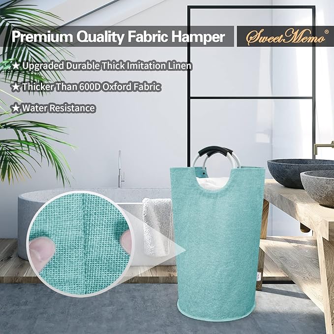 Laundry Hamper Bag, Tall Laundry Basket with Handles, Collapsible Colthes Hamper with Aluminum Handles, Heavy Duty Clothes Hamper for Girls, Dorm, Bedroom, Durable Double Layer. Light Blue