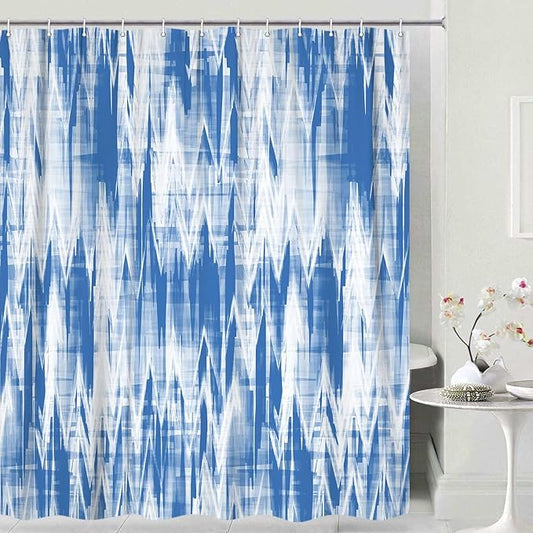 JAWO Blue White Shower Curtain, Modern Abstract Pattern Machine Washable Home Bathroom Decorations, Navy Blue Striped Wave Shower Curtain Set with Hooks Waterproof Fabric Bath Curtains Home Decor