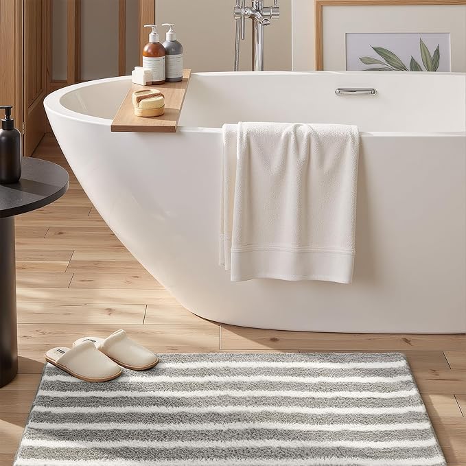 GRANNY SAYS Striped Bathroom Rugs Non Slip, 16" x 24", Bath Rugs for Bathroom Washable, Bath Mats for Floor, Microfiber Bath Mat for Tub, Absorbent Bath Rugs for Shower Room, Grey