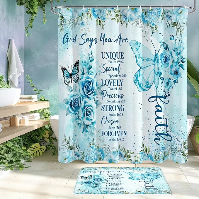 Litabel 4 Pcs Teal Butterfly Inspirational Quotes Shower Curtain Set with Rugs and Toilet Lid Cover, Colorful Boho Waterproof Fabric Bathroom Set, Bible Verse Floral Bathroom Decor Set Accessories