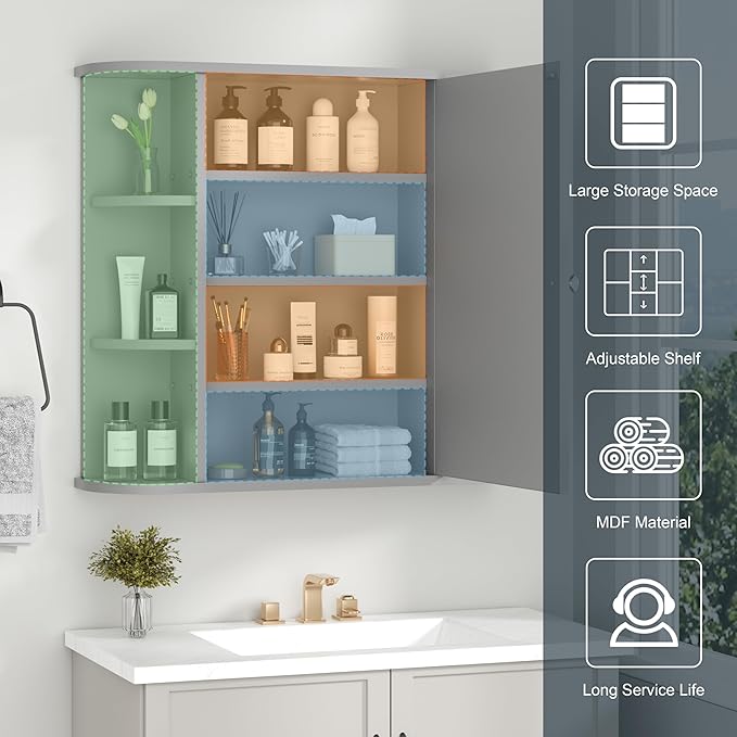 DL-win Bathroom Medicine Cabinet with Mirror, Wall Mounted Home Storage with Door, Over The Toilet Space Saver Storage Cabinet, Bathroom Cabinet Wall Mounted, Grey