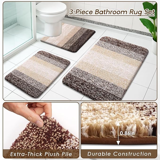 Britimes Brown Stripes Bathroom Sets with Shower Curtain and Rugs, Ombre Modern Abstract Vintage Waterproof Shower Curtain Liner and Soft Non Slip Bath Mat for Bathroom Decor and Accessories Hooks