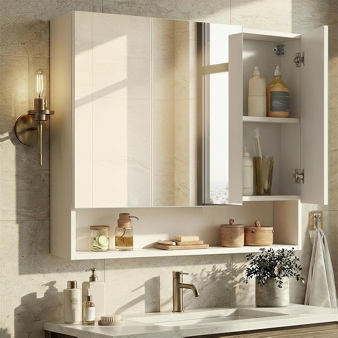 VASAGLE KAILYN Collection - Medicine Cabinet Mirror, Bathroom Wall Mirror Cabinet with Storage, Open Compartment, Adjustable Shelves, 6.5 x 35.4 x 29.5 Inches, Cloud White UBBK130W01