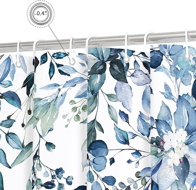 Gibelle Extra Long Shower Curtain 72 x 84, Blue Floral Shower Curtain for Bathroom, Watercolor Plant Eucalyptus Leaves Fabric Shower Curtain Set