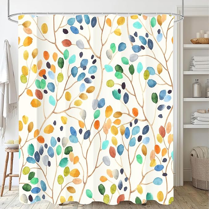 Colorful Leaves Shower Curtains 72x72 Inch, Waterproof Fabric Watercolor Floral Stylish Bathroom Shower Curtain with Hooks