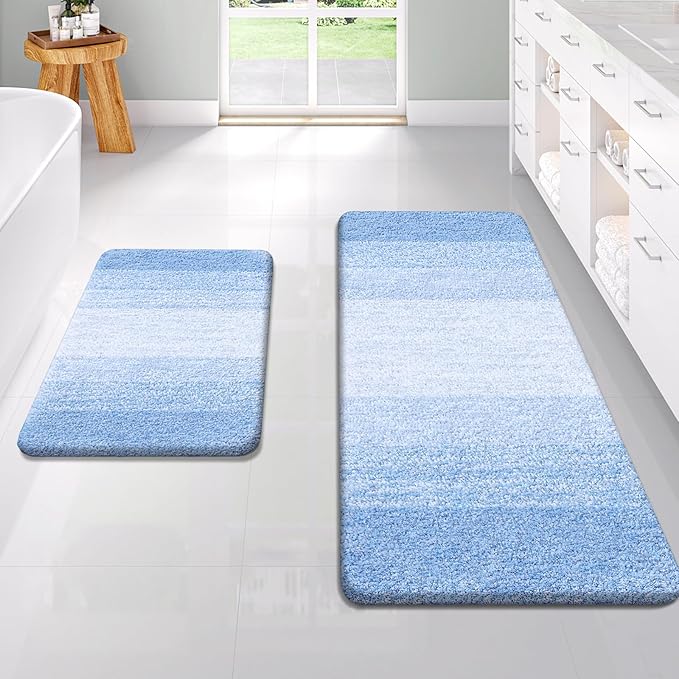 OLANLY Bathroom Rug Set 2 Piece, Soft Absorbent Microfiber Bath Rug Set, Non-Slip, Machine Wash Dry, Plush Shaggy Bath Mats for Bathroom (47"x20"+24"x16", Light Blue)