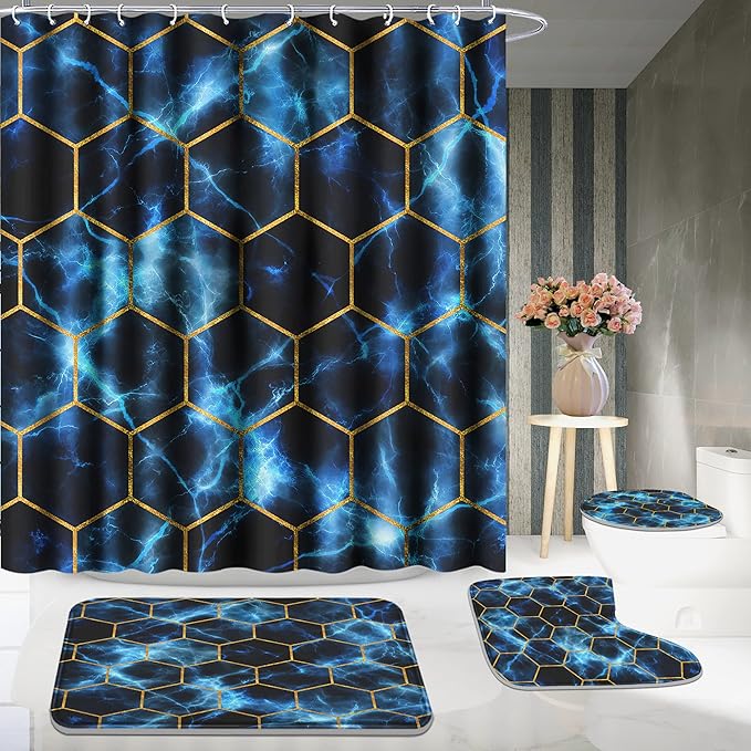Poedist Shower Curtain Set with Rugs,Bathroom Accessory Set, Including Non-Slip Rugs,Toilet Lid Cover and Bath Mat, Waterproof Shower Curtain with 12 Hooks,Lightning Honeycomb Marble