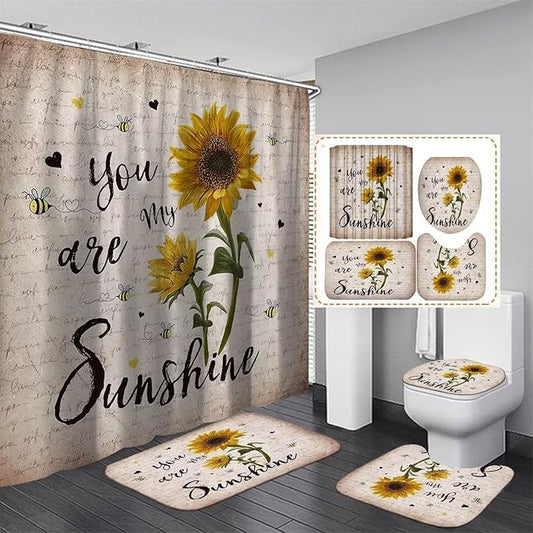 AZHM 4pcs Sunflower Shower Curtain Set with Rugs You are My Sunshine Bathroom Decor Set Bathroom Curtains Shower with 12 Hooks