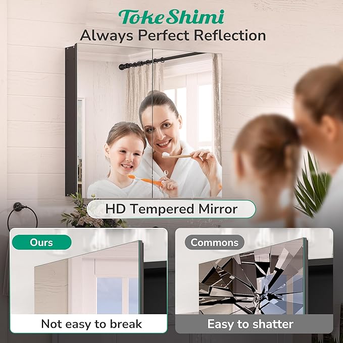 TokeShimi 48 x 32 Mirror Medicine Cabinet Wall Mounted or Recessed, Aluminum Tempered Black Medicine Cabinet with Mirror with Stepless Adjustable Storage Metal for Modern Farmhouse