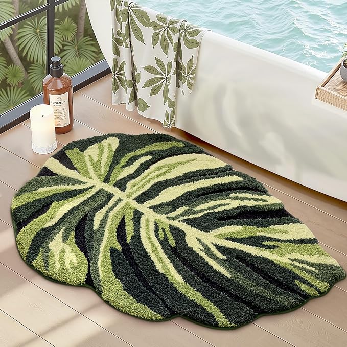 LUMI Cute Bathroom Rugs with Green Leaf Plant, Soft, Fluffy, Plush, Absorbent, Quick Dry, Non Slip, Machine Washable for Shower Floor, Bathroom, Bedroom, Kids Room, 24"x32", Dark Monstera
