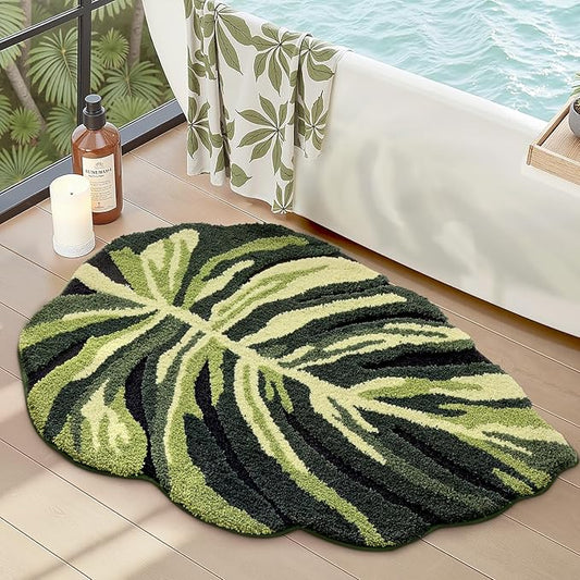 LUMI Cute Bathroom Rugs with Green Leaf Plant, Soft, Fluffy, Plush, Absorbent, Quick Dry, Non Slip, Machine Washable for Shower Floor, Bathroom, Bedroom, Kids Room, 24"x32", Dark Monstera