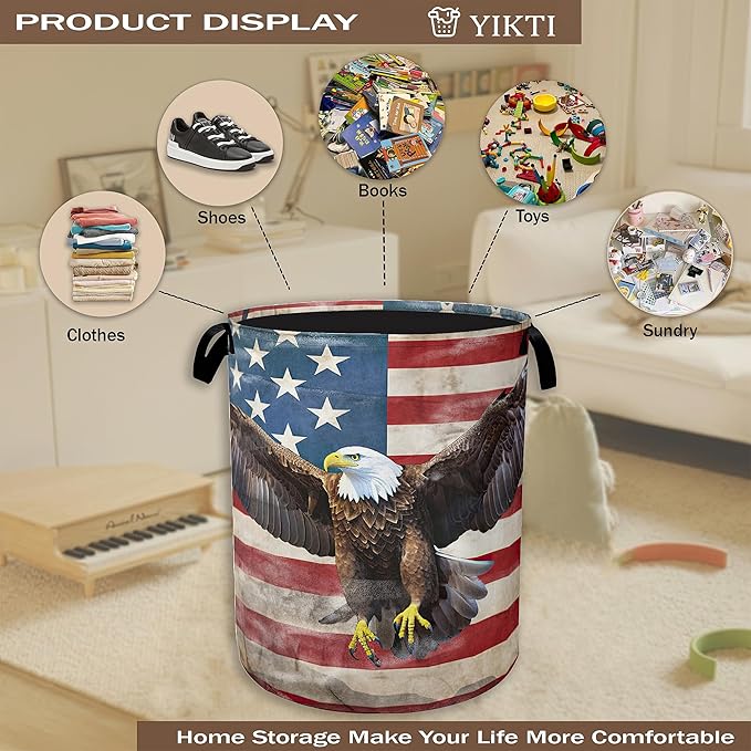 Bald Eagle Laundry Basket,American Flag Clothes Hamper,Oxford Cloth Collapsible Nursery Hamper Storage Organization for Bedroom,Bathroom,Office,College Dorms,16x20 Inch