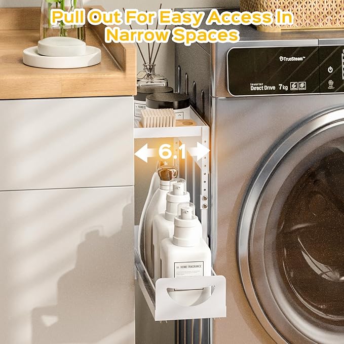 Heavy-Duty Magnetic Shelf With Pull-Out Drawers for Washing Machines, Dryers and Fridge; Height-adjustable Magnetic Shelf, Ideal for Storage in Laundry Rooms, Kitchens, and Living Rooms (White)