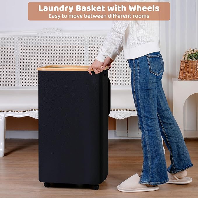 iEGrow 110L Laundry Basket with Wheels,Clothes Hamper for Laundry,Laundry Hamper with Lid and Inner Bag, for Laundry Room, Bedroom, Dormitory Storage,Black