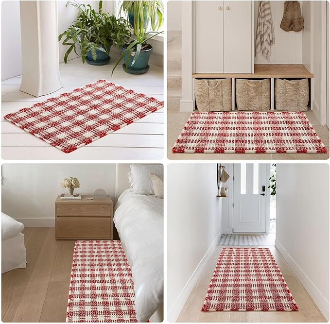 Waffle Bath Mat, Boho Christmas Bathroom Rugs Non Slip Washable Absorbent Checkered Bathroom Mat Quick Dry Cute Bath Mat, 48"x24" Red and White