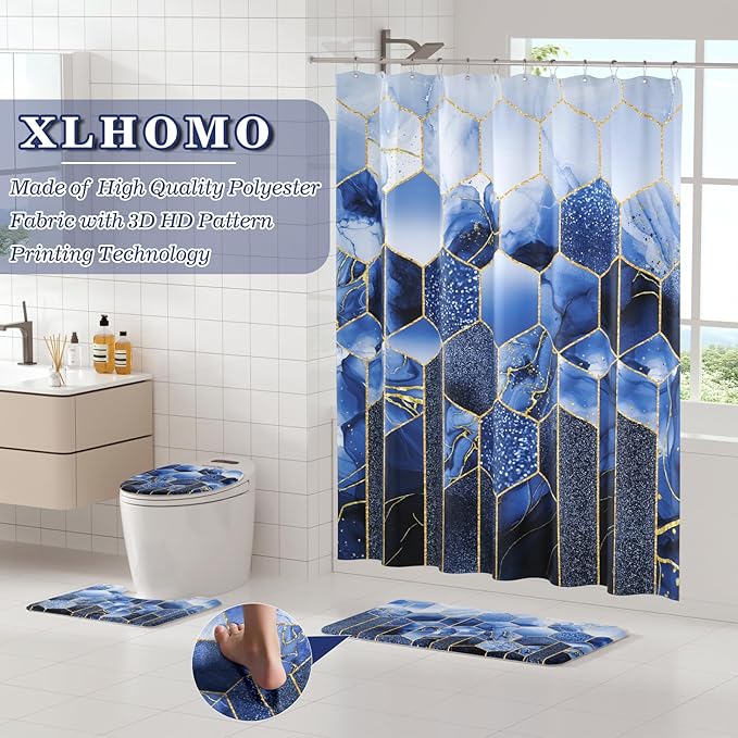 XLHOMO Bathroom Sets with Shower Curtain and Rugs - 4PC Navy Blue Geometric Shower Curtain Set with 12 Hooks, Toilet Cover, U-Shaped Mat and Rugs Modern Abstract Bathroom Accessories for Bathroom