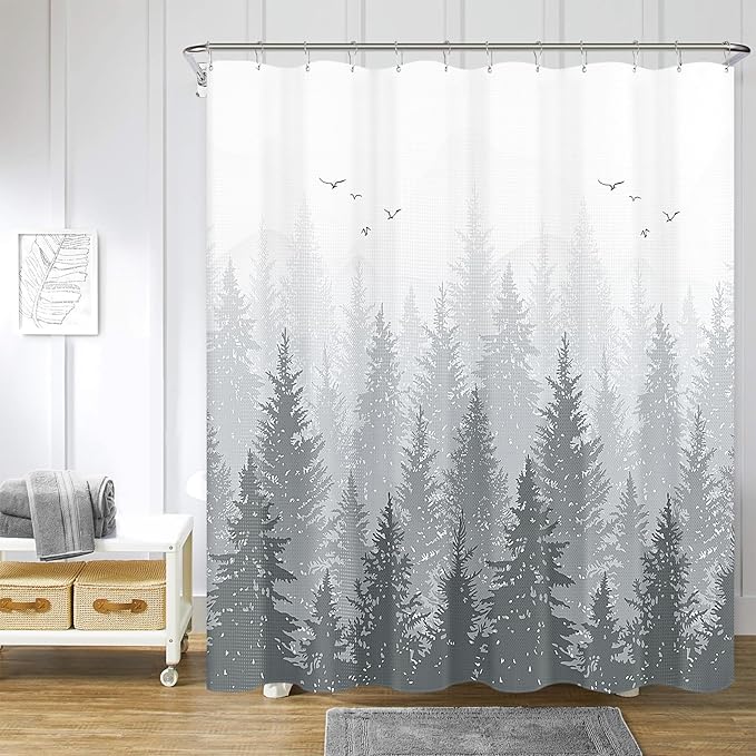 Hokibero Extra Long Shower Curtains 84 inch Grey and White Shower Curtain Waffle Fabric Decorative for Bathroom Ombre Mountain Misty Forest, 72 x 84