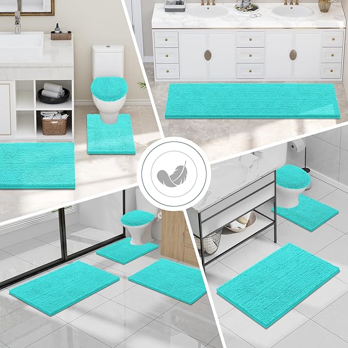 Smiry Luxury Chenille Bathroom Rugs 59x24, Extra Soft and Absorbent Shaggy Bath Mat, Machine Washable, Non-Slip Plush Carpet Runner for Tub, Shower, and Floor, Home Decor Accessories, Turquoise