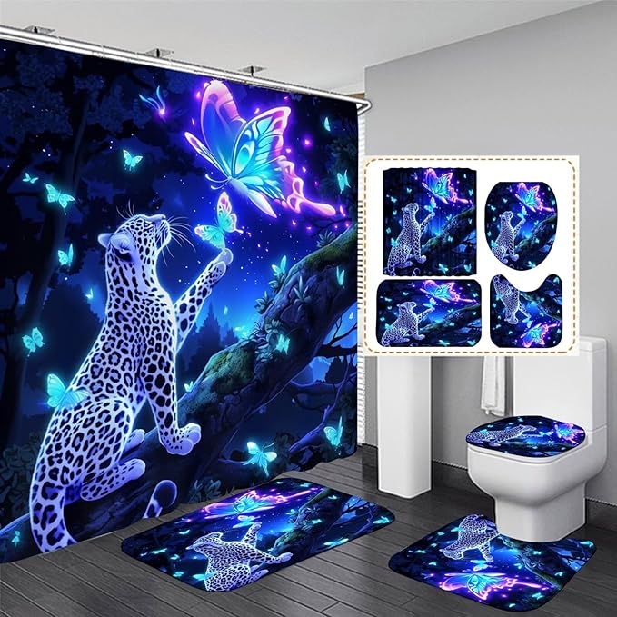 jieprom 4 PCS Leopard and Butterfly Shower Curtain Set with Rugs - Blue Dream Bathroom Decor - Luxury Waterproof Fabric Curtain, Non-Slip Bath Mat, U-Shaped Rug & Toilet Lid Cover