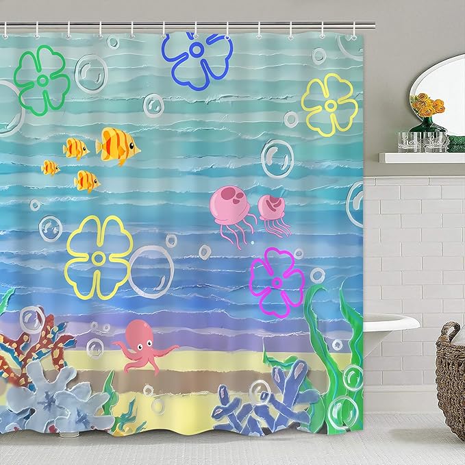 Yizheer 4Pcs Cute Beach Ocean Shower Curtain Sets, Cartoon Ocean Theme Bathroom Curtain with Rugs, Toilet Lid Cover and Bath Mat
