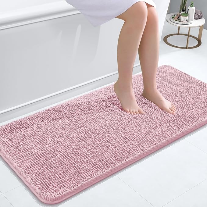 OLANLY Bathroom Rugs 47x20, Extra Soft Absorbent Chenille Bath Rugs, Rubber Backing Quick Dry, Machine Washable Bath Mats for Bathroom Floor, Tub and Shower, Home Decor Accessories, Dusty Rose