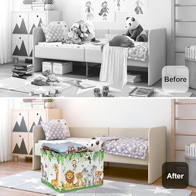 Jungle Animals Laundry Hamper Large Storage Basket Cartoon Wild Zoo Collapsible Parents Organizer Kids Toy Clothes Bins for Bedroom, Bathroom, Lion, 36L