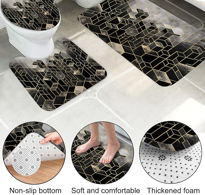 Lnond 4Pcs Bathroom Sets with Shower Curtain and Rugs, Black Bathroom Shower Curtain Sets, Black Gradient Modern Bathroom Decor Sets with Rugs and Accessories