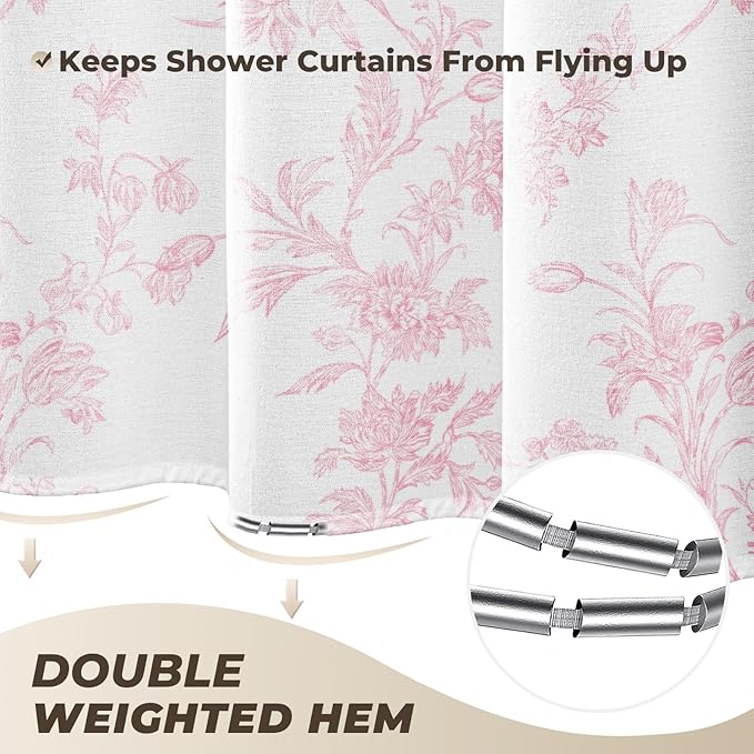 Pink Floral Shower Curtain, Vintage Cotton Linen Cottagecore Shower Curtains for Bathroom
