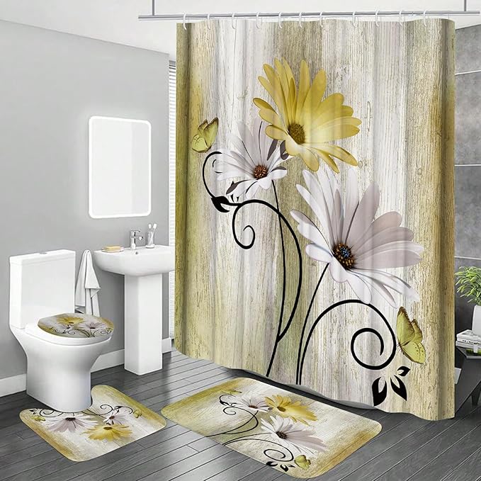 Onalasyc 4PCS Yellow Daisy Flowers Butterfly Shower Curtain Set with Shower Curtain and Carpet and Accessories, Waterproof Bathroom Shower Curtain Decorative Set with 12 pcs Hooks,71 x 71in