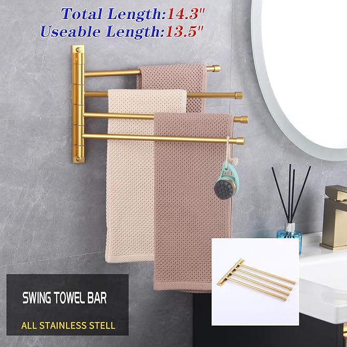GERZWY Wall Mount Bath Towel Rack with 4 Arms Hanger Towel Holder Bathroom Swing Arm Towel Bars Organizer Stainless Steel Gold Finished HYG04-BE