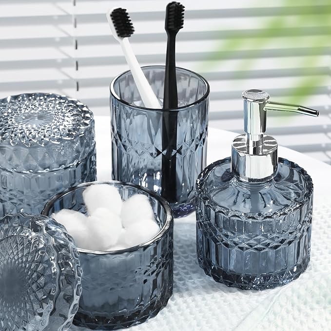 Blue Bathroom Accessories 4Pcs, Diamond Glass Bathroom Accessory Set, Bathroom Set with Soap Dispenser, Blue Bathroom Decor with Toothbrush Holder, Qtip Holder for Bathroom, Countertop