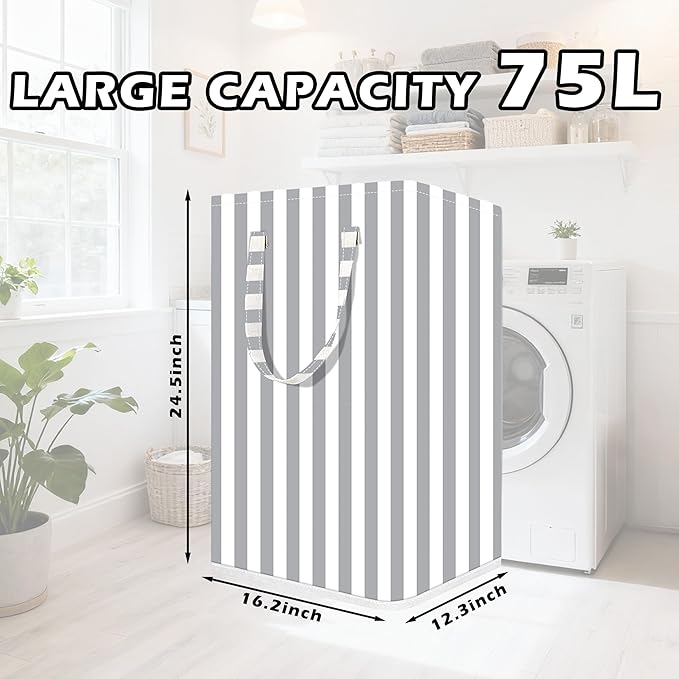 Large Laundry Basket ，75L Waterproof,Collapsible Laundry Hamper with Extended Handles for Clothes in the Family Dorm (Vertical Stripe Grey)