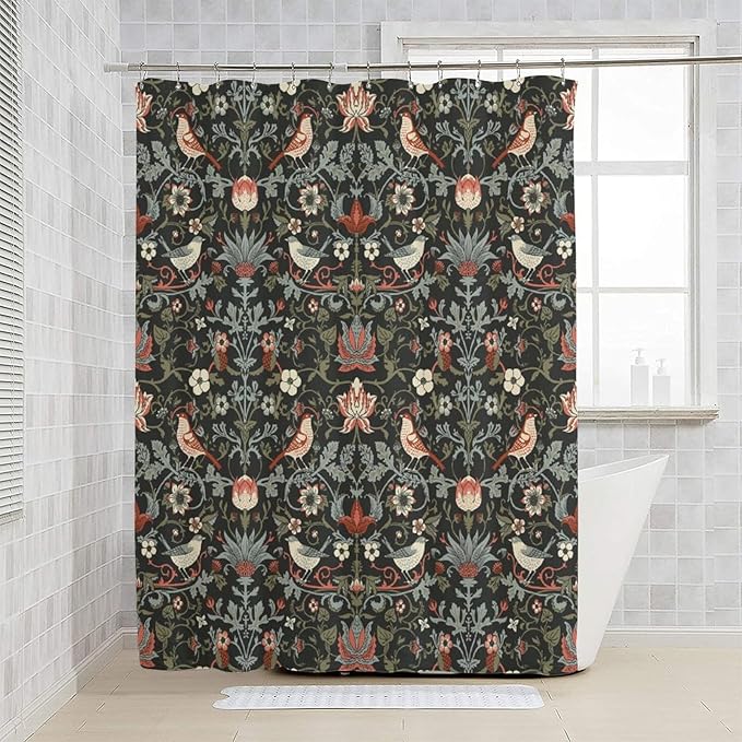Boho Shower Curtain William Morris Art Print Retro Bird Plant Natural Flower Pattern Print Shower Curtains 72""×84"" Inch, Style-2