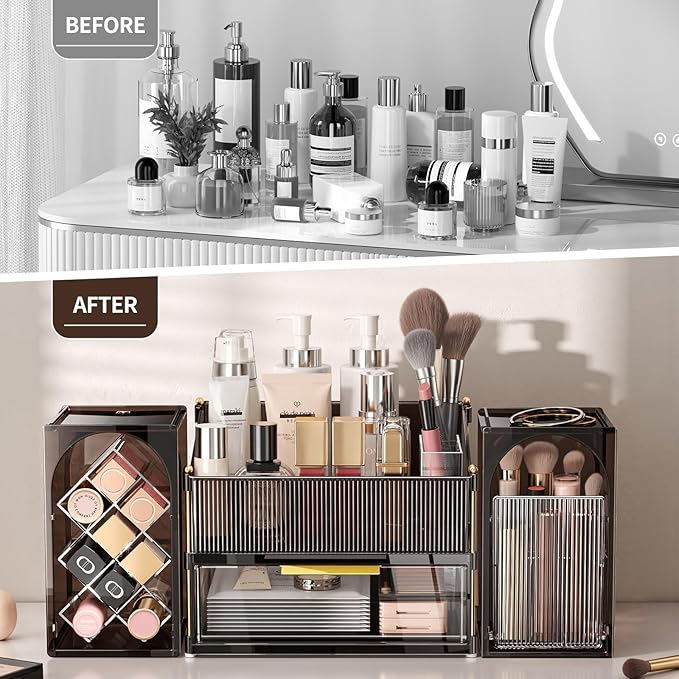 Makeup Organizer for Vanity with Brush Holder, Large Bathroom Countertop Cosmetic Organizer Skin Care Storage, Easy to Store Lipsticks, Nail Polishes, Perfumes (Brown+Transparent)