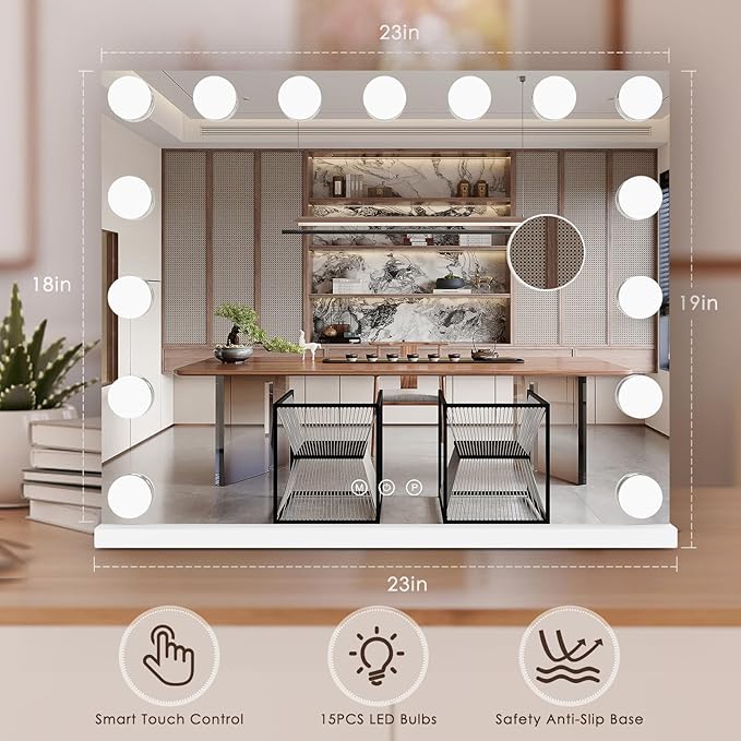 Lighted Makeup Mirror 19" L x 23" Light Hollywood Mirror with Detachable 10X Magnification Hollywood Vanity Mirror with Lights Smart Touch Control Hollywood Lighted Mirror with 15 LED Bulbs 3Colors